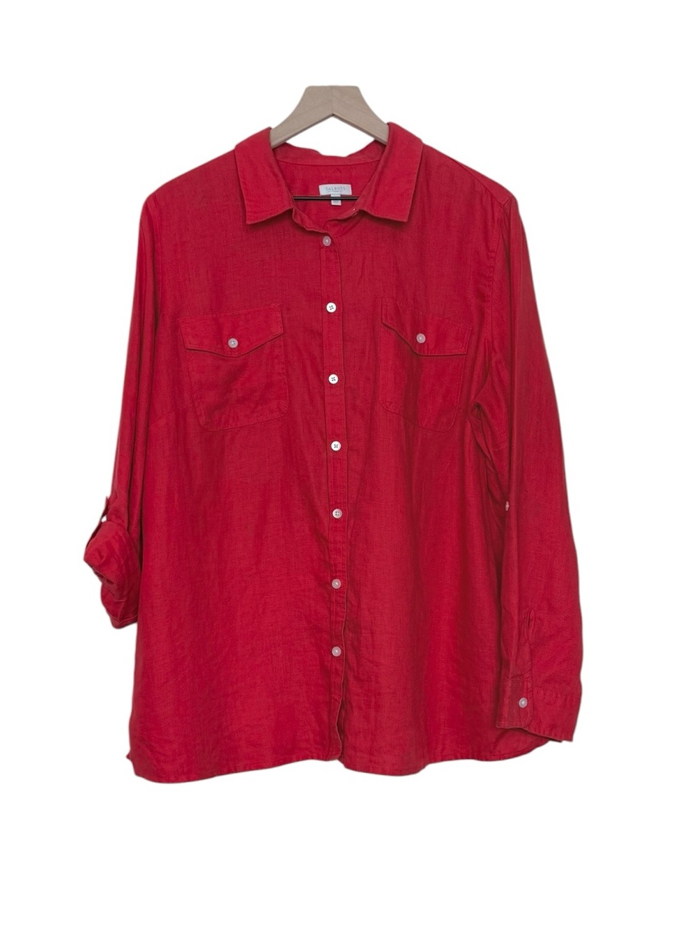 Talbots 2X 100% Linen Button Up Long Sleeve Shirt Roll Tab Sleeve Red